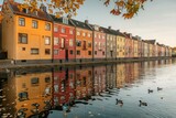 Colorful row houses reflecting in a calm canal with ducks swimming.