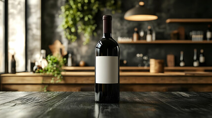 Elegant wine bottle on a rustic wooden table, surrounded by stylish decor and greenery in a cozy, modern setting.