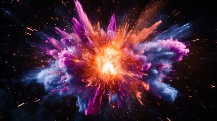 Wall Mural - Colorful explosion with bright light and sparks on black background.