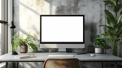 Poster - Modern home office setup featuring a sleek computer, desk, and green plants in a stylish, sunlit environment.