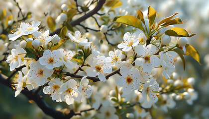 Wall Mural - Blooming white flowers and lush branches