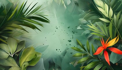 Wall Mural - Tropical Green Abstract Background with Plants in Summer-Themed Art Collage for Notebooks, Flyers, and Desktop Wallpaper