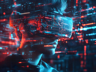 Poster - A futuristic image of a person wearing a VR headset, immersed in a digital world of vibrant colors and data streams.
