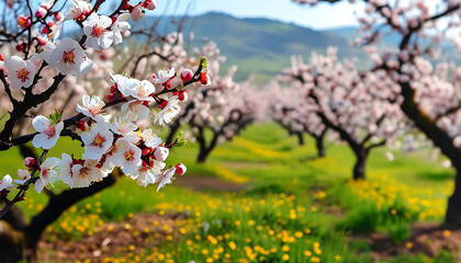 Wall Mural - A garden of blooming almonds in spring, a riot of flowers and an aromatic essence.