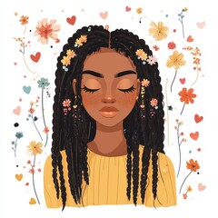 Wall Mural - An illustration of the most beautiful black woman with box braids, in the clipart style with boho decorations 