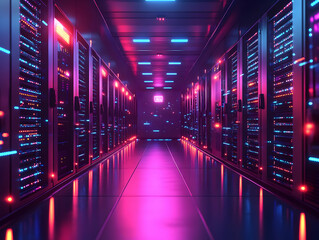 Poster - Futuristic server room with vibrant neon lights, showcasing advanced technology and sleek design in a digital environment.