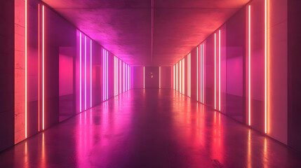 Poster - A futuristic hallway illuminated by vibrant pink and purple lights, creating a surreal and dynamic atmosphere.