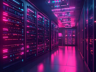 Poster - Futuristic server room illuminated with neon lights, showcasing advanced technology and vibrant colors in a digital environment.