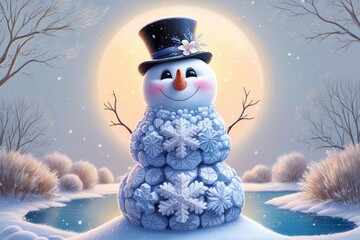 Wall Mural - Smiling snowman in a black hat with beautiful snowflakes on the background of a winter landscape