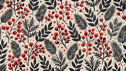 Black-red winter berries. Hand drawn floral seamless vector pattern. New year seamless pattern with branches, berries and flowers. winter holiday invitations, greeting cards, print.