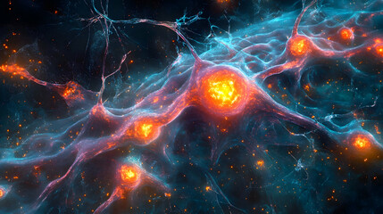 Poster - Visually stunning neural network illustration depicting vibrant neurons and synapses in a cosmic setting, perfect for science themes.