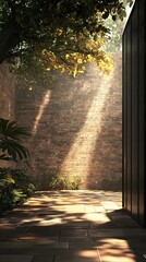 Canvas Print - Minimalist Courtyard with Sunlight Streaming Through Brick Wall