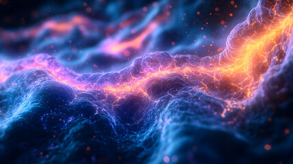 Poster - An abstract representation of space featuring vibrant colors, swirling patterns, and glowing particles in a cosmic setting.