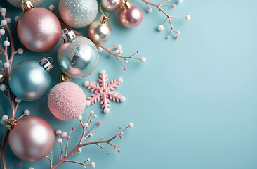 Wall Mural - blue christmas background with pink and blue ornaments, brunch and snowflake. copy space on the righ