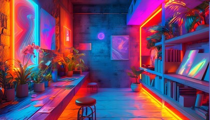 Wall Mural - Vibrant Holographic 3D Art with Neon Colors for Eye-Catching Desktop Wallpaper