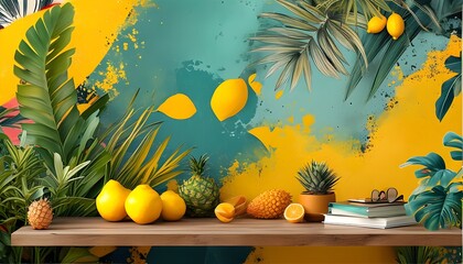 Wall Mural - Tropical Summer Vibes: Abstract Illustration of Plants and Fruits in a Vibrant Art Collage Design