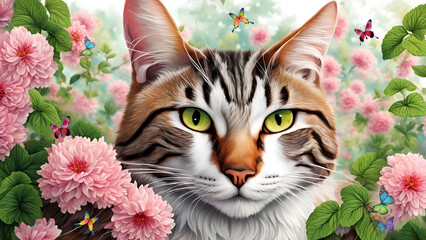 Pictures of very cute fat cats with beautiful flowers and butterflys on background. cat.(2)