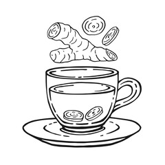 Wall Mural - Glass cup of tea, ginger. Hand drawn vector illustration in outline style.