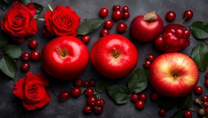 Beautiful flowers, apples, and cherries-plums