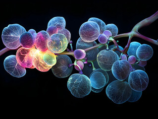 Poster - Vibrant clusters of bubbles with glowing colors on a dark background, showcasing abstract beauty in nature's design.