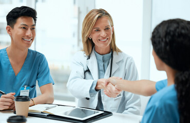 Poster - Meeting, medical and handshake with people in hospital boardroom for deal, planning or research. Interview, hiring and onboarding with confident medicine team shaking hands in clinic for healthcare