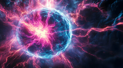 Poster - A vibrant energy sphere radiating swirling colors of pink and blue, embodying the essence of cosmic power and dynamic movement.