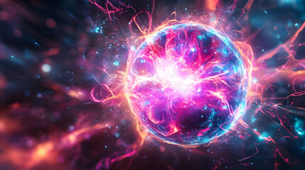 Poster - a vibrant, abstract representation of energy and light, showcasing a colorful cosmic sphere with swi