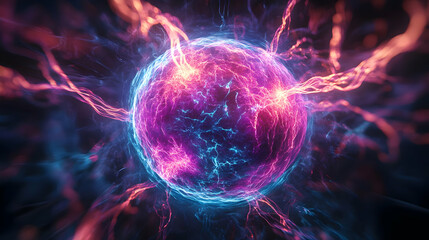 Poster - Vibrant abstract representation of an energetic sphere, showcasing dynamic colors and electric lines, perfect for science and tech themes.