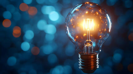 Poster - A glowing light bulb with a bright filament illuminates a dreamy blue bokeh background, creating a warm and inviting atmosphere.