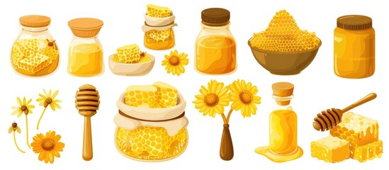 Set Of Beekeeping Products On A White Background Honey Pollen Propolis Bee Bread Beeswax Healthy Foods