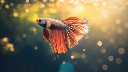 A betta fish flaring its fins in a beautifully lit aquarium. The clean, empty water background around the fish offers ample copy space.