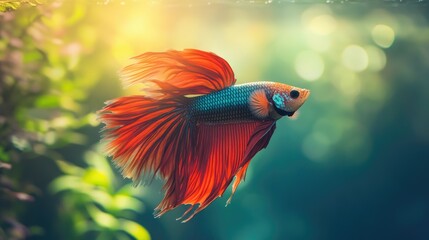 A betta fish with flowing fins and bright colors in a well-lit aquarium. The clear water and tank background provide ample copy space.