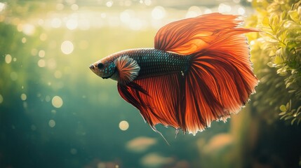 A betta fish with flowing fins and bright colors in a well-lit aquarium. The clear water and tank background provide ample copy space.