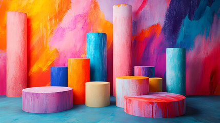 Poster - Vibrant display of colorful geometric shapes against a bold, abstract mural background. Perfect for artistic inspirations.