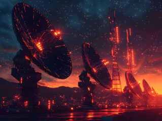 Poster - Futuristic satellite dish array illuminated by vibrant red lights under a dramatic sunset sky, showcasing advanced technology.