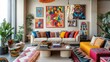 © arthit - A bright living room with colorful decor, featuring bold artwork on the walls, vibrant cushions on the sofa, and a mix of patterns and textures that express personality.