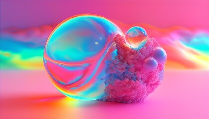 Wall Mural - Vibrant Holographic 3D Art with Neon Colors and Pink Bubble Graphics for Stunning Desktop Wallpaper