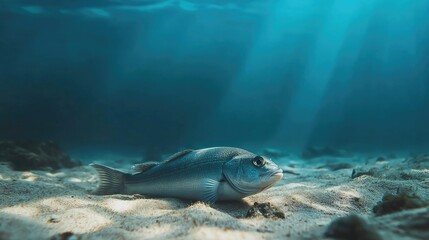 Wall Mural - A calm underwater scene featuring a single sea fish resting on the ocean floor, with a soft and natural light