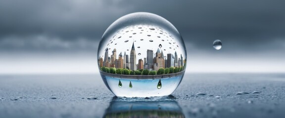 A captivating city skyline is reflected inside a transparent water droplet, with additional raindrops surrounding it. The composition creates a surreal effect, blending nature and urban environments