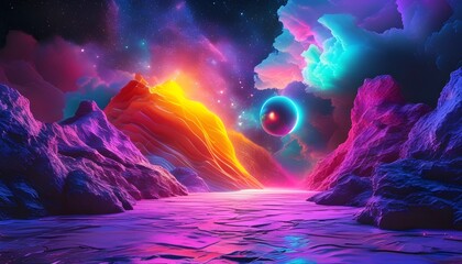 Wall Mural - Vibrant 3D Color Hologram Art with Neon Graphics as Stunning Desktop Wallpaper in Purple Hues