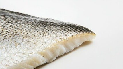 A close-up of a sea bass fillet with a clean, white background. The unobstructed space around the fillet is ideal for placing text.