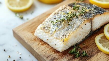 Wall Mural - A close-up of a sea bass fillet with herbs and lemon slices on a wooden board, with a clean background. The clear space around the fillet allows for text.