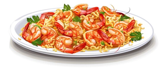 Poster - Fried Rice With Shrimp Fried Noodles With Shrimp Big Colorful Shrimp In A White Plate Appetizing