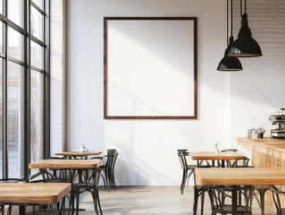 White frame mockup on the cafe's walls. Created with Ai