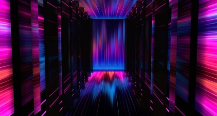 Poster - colorful neon bright glow on dark background. Columns in dark tunnel