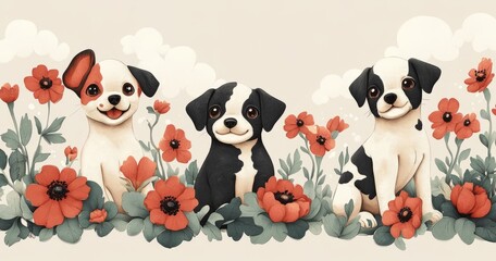 Cute cartoon puppies with bright flowers background