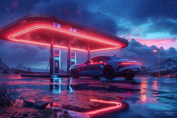 Futuristic refueling station illuminated by vibrant neon lights under a starry sky. Sleek hydrogen fuel cell vehicle parked, neon on the wet ground. clean energy transition in a futuristic setting.