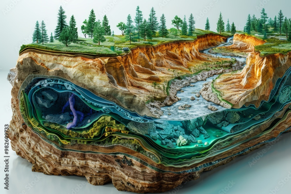 Layered geological cross-section showcasing various soil and rock layers beneath a river. Features diverse terrain with different textures and colors, beauty of Earth's subsurface environment.