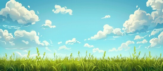 Canvas Print - Summer Blue Sky Nature Landscape Meadow With Green Grass Plants Sunny Spring Scene Rural Outdoor Countryside Beautiful Agriculture Background With Pasture Lawn Clouds