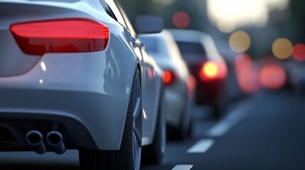 A close-up view of a sleek car in traffic, showcasing modern automotive design and urban driving experience during twilight.